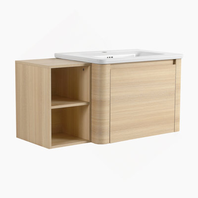 Meuble-lavabo mural de 40 po avec lavabo en céramique blanche et tablettes de rangement, porte en contreplaqué, chêne blanc américain