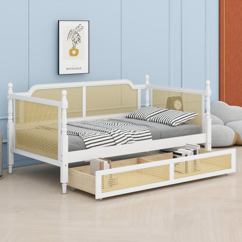 Elegant Traditional Rattan Daybed with 2 Drawers, Antique White