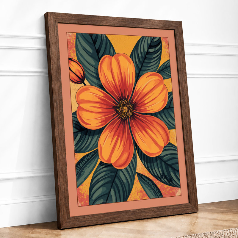 Bold Bloom in Gold Botanical - Framed Print, A2 - 59.4 x 42.0 cm, Walnut