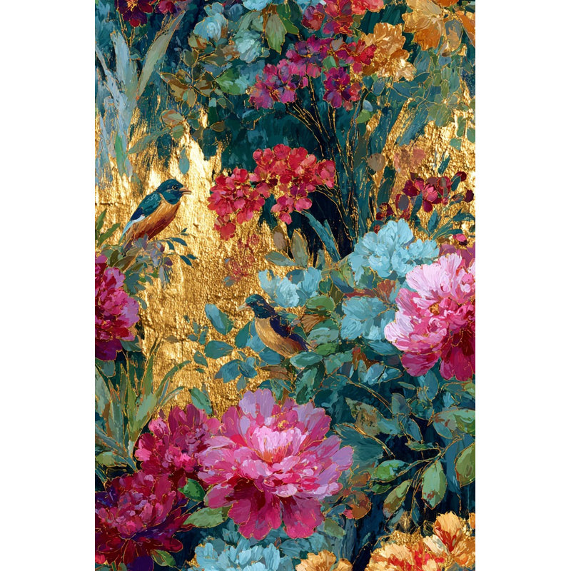 Papier peint floral, décoration murale rétro dorée
