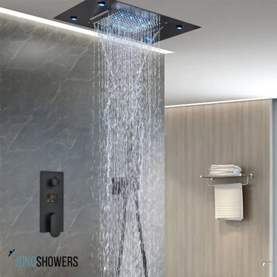 Matte black shower system with rainfall head and handheld sprayer for versatile use