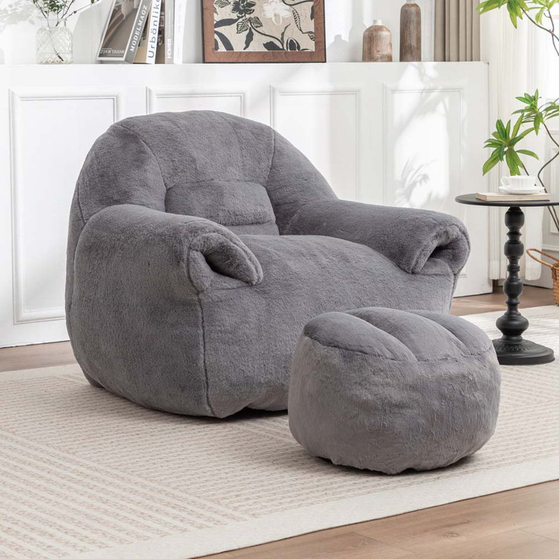Faux Fur Bean Bag Chair With Ottoman, Gray
