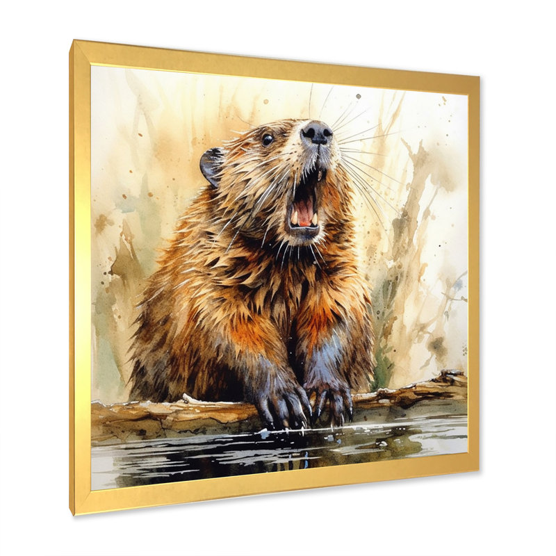 «Cute Beaver II», reproduction d'art sur toile, Cadre doré à une seule photo, H 16 po x l 16 po x P 1 po