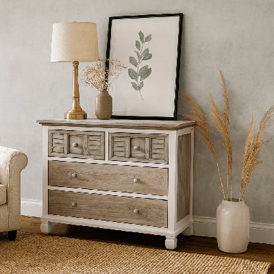 Ahtyana 4 Drawer Chest / Single Chest / Large Night Stand Grey White Solid Wood Coastal Charm