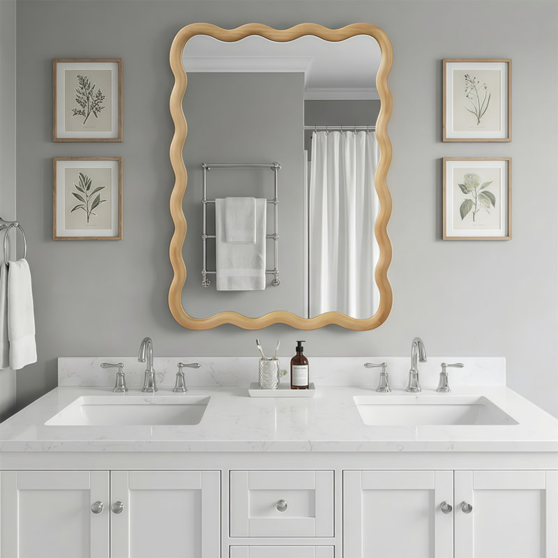 Miroir décoratif rectangulaire en bois massif ondulé de couleur chêne de 20 po x 30 po pour chambre à coucher, salle de bain, salon et entrée