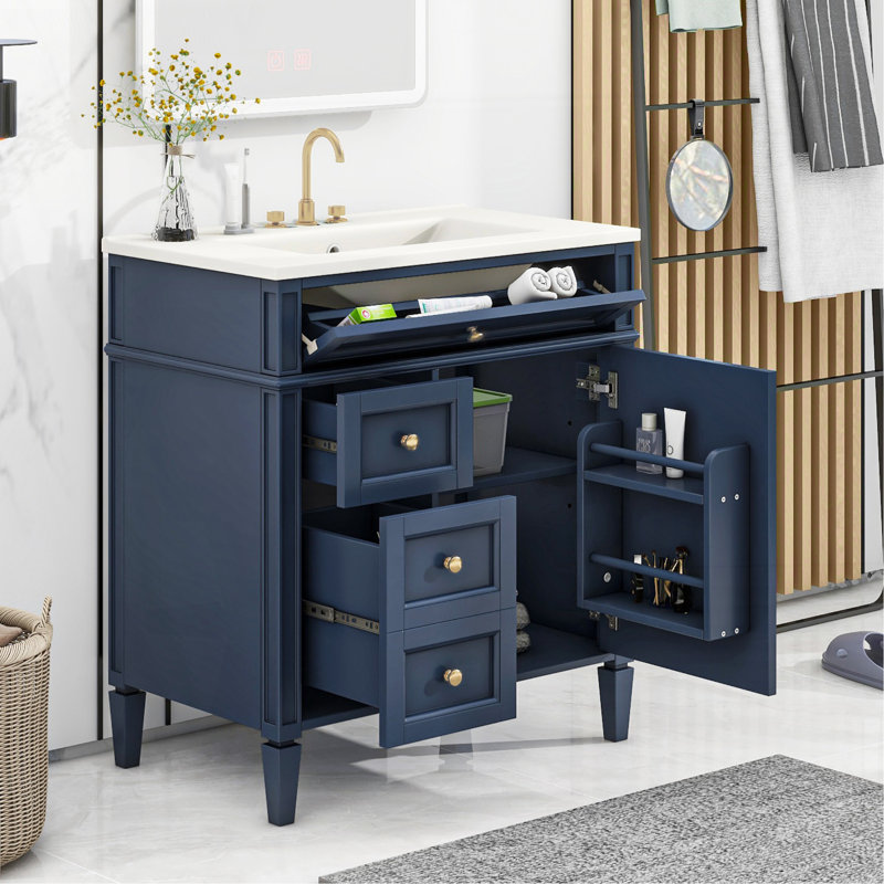 Meuble-lavabo de 30 po avec lavabo supérieur, meuble-lavabo moderne avec 2 tiroirs et tiroir escamotable, meuble-lavabo simple
