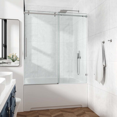 Porte de douche coulissante à panneau simple sans cadre l 72 à 76 po x H 60 po avec structure en acier inoxydable nickel brossé et verre trempé de 3/8 po