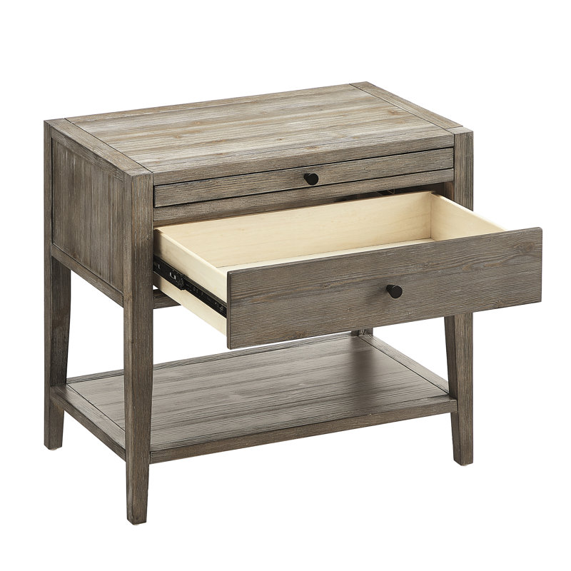 Gris, 1 table de chevet, tiroirs de style français, glissières métalliques latérales, poignées noires, plateau coulissant, étagère ouverte, style rustique côtier décontracté, aucun assemblage requis.