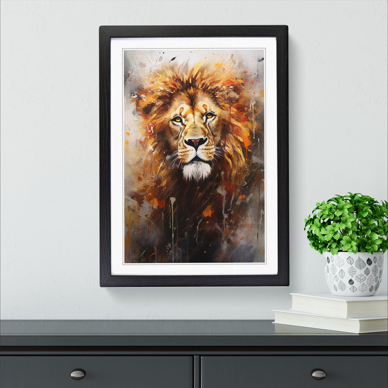 XYZ-FRM-V1223-4243 Lion Informel No.2 - Single Picture Frame Print on Wood, Black, 34cm H x 25cm W x 2cm D