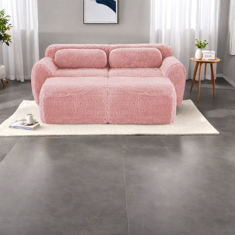 Canapé moderne en tissu moelleux rose, sans assemblage, siège profond avec repose-pieds