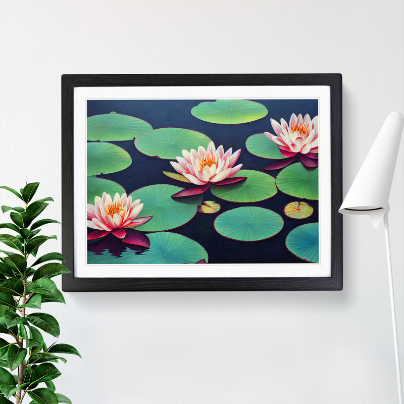 Radiant Water Lily Pond - Single Picture Frame Painting, 25cm H x 34cm W x 2cm D, Black