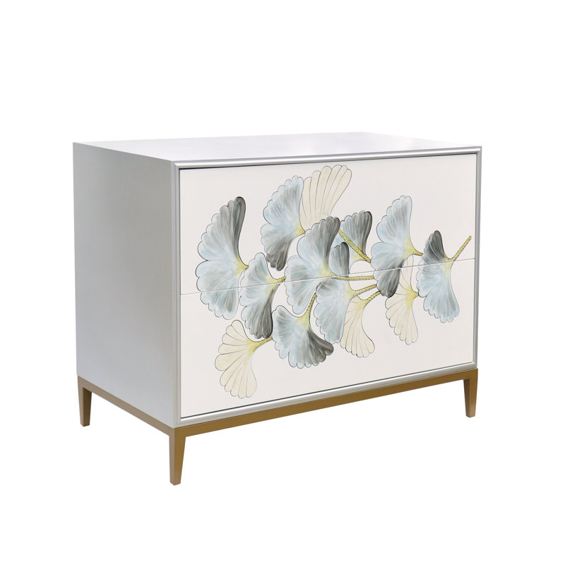 Annabelle Silver Nightstand, 2 Floral Drawers & Bronze Metal Frame 