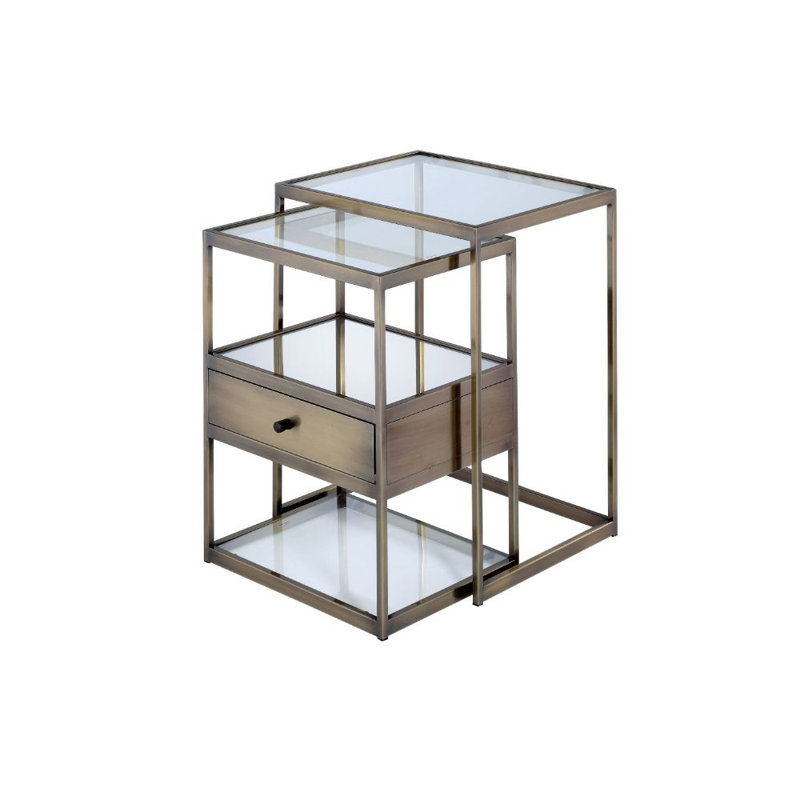 Leeroy Contemporary Glass Frame Rectangular Nesting Table Set with Storage in Antique Brass and Clear