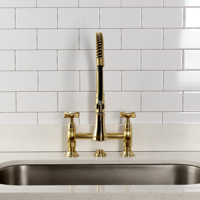 Kingston Brass Essex Double-Handle 2-Hole Deck-Mount Pre-Rinse Bridge Kitchen Faucet, Brushed Brass
