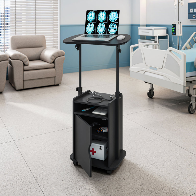 Techni Mobili Sit-to-Stand Rolling Adjustable Laptop Cart With Storage, Black, Black