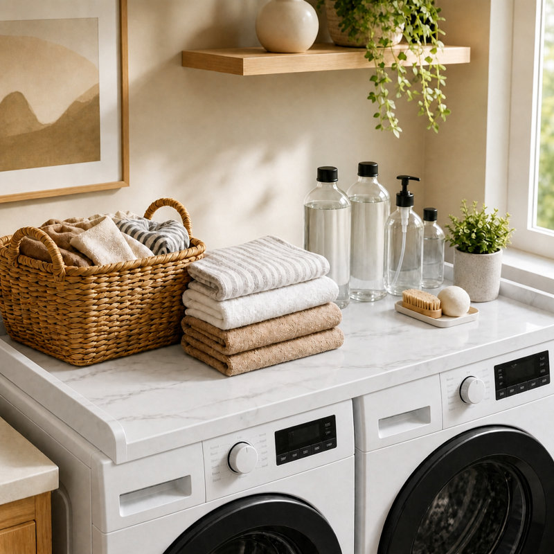 Washer Dryer Countertop Laundry Shelf Topper with Edge, Wooden Cover Guard Organizer for Washer, Dryer & Laundry Hamper Storage