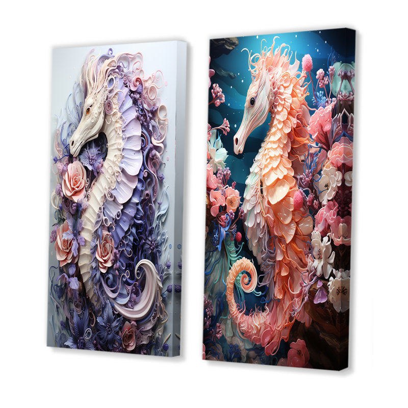 Marine Seahorse Composition - Coastal Coral Under Water, ensemble de 2 toiles murales, H 40 po x l 41 po, Toile tendue