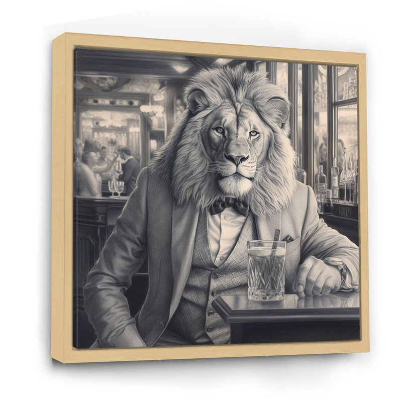 Lion ayant une boisson sur toile, H 24 po x l 24 po x P 1 po, Cadre naturel flottant