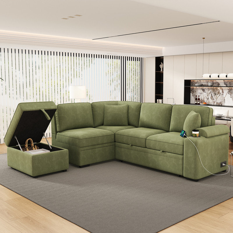 Cassan Upholstered L-Shaped Sectional Left Hand Facing, Green Velvet