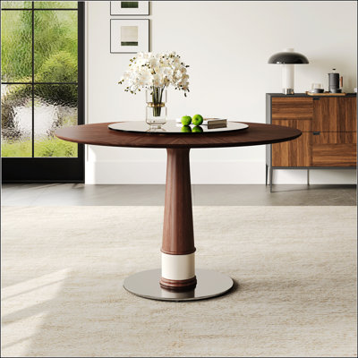 Table de salle à manger en bois massif de 47 pouces avec plateau tournant en verre trempé, base en acier inoxydable pour un style rétro et polyvalent