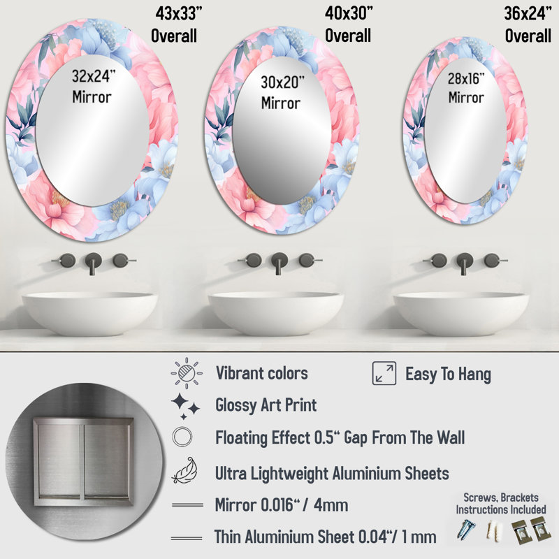Pétunia rose et bleu sur fond blanc I - Miroir décoratif floral ovale sur métal, 40 po x 30 po
