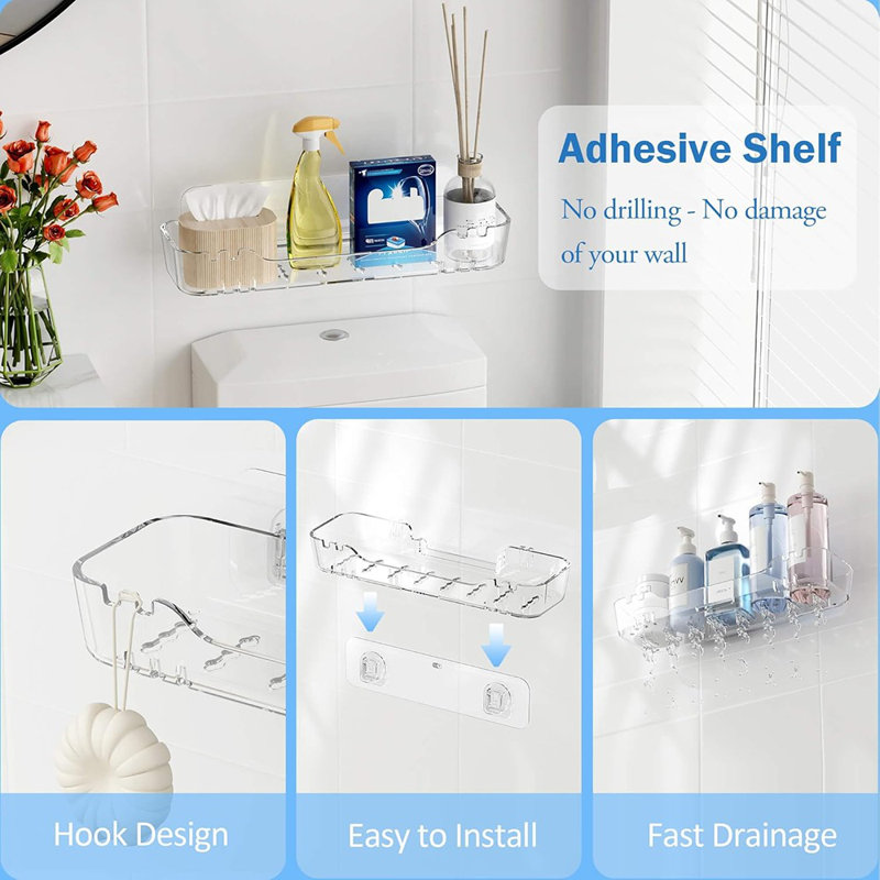  Serviteur de douche mural en acrylique, tablette adhésive avec ruban adhésif, organisateur de douche sans perçage, tablettes transparentes pour la salle de bain, longue