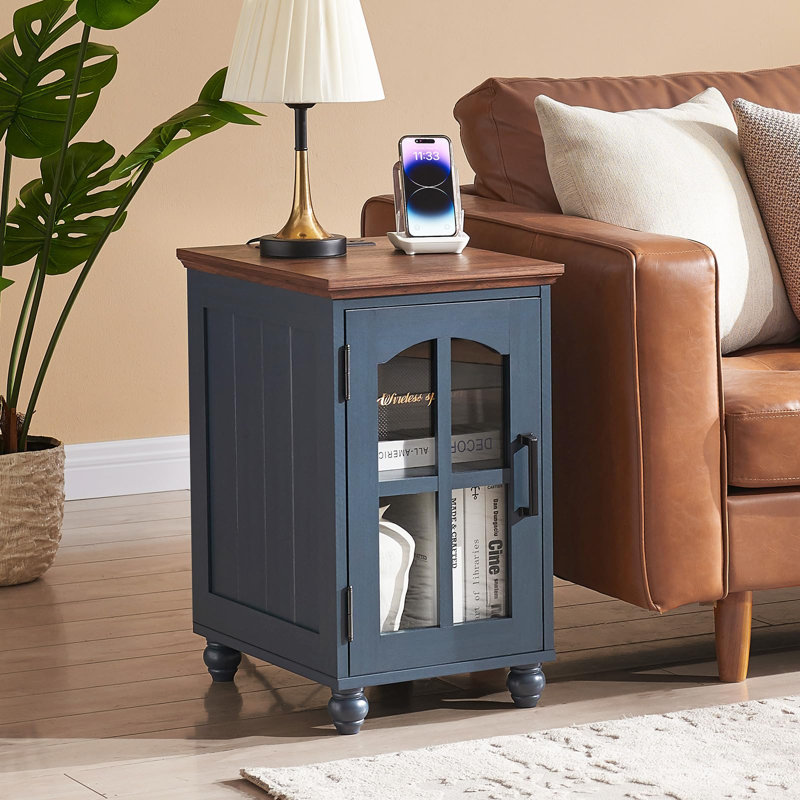 Ensemble de tables de bout 3 pièces avec station de charge, tables d'appoint en bois avec porte de grange en verre et tablettes réglables pour la chambre à coucher et le salon