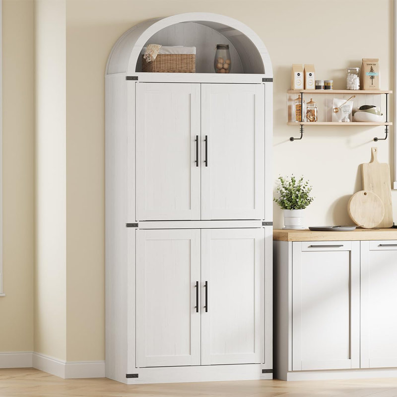 Armoire garde-manger arquée de style campagnard de 71,6 po de hauteur avec rangement fermé, blanc