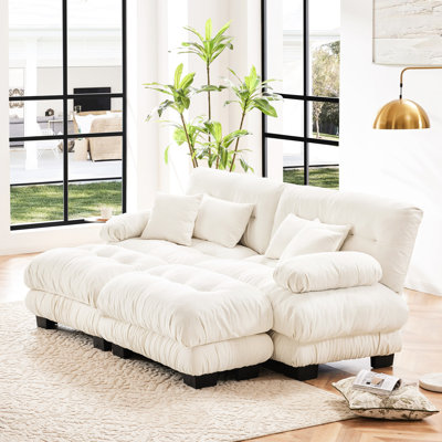 Chenille 2 places, canapé-lit en nuage pour le salon avec repose-pieds, coussins lombaires et coussins décoratifs, accoudoir large rembourré, aspect blanc élégant et fabrication