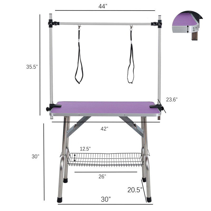 42" Purple Folding Pet Grooming Table with Stainless Steel Frame and Rubber Mat