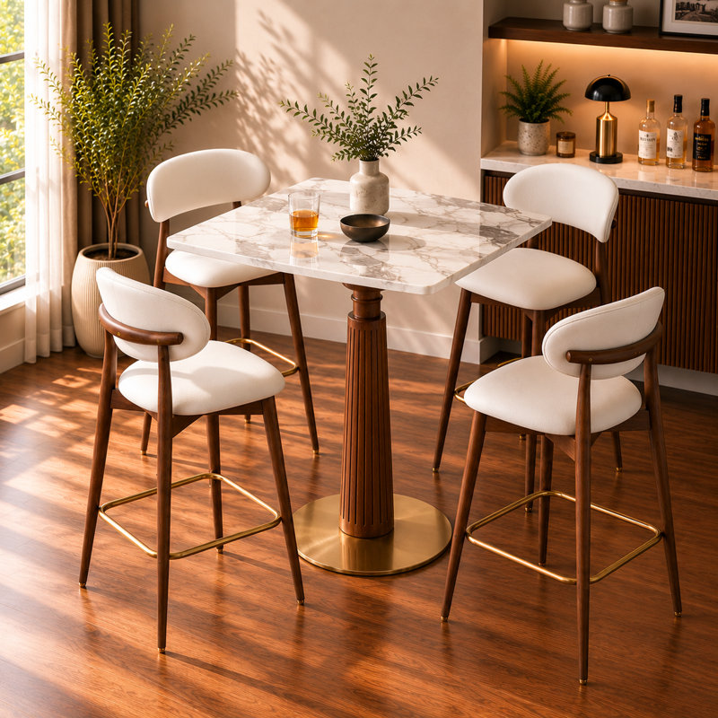 33.5''  Square Counter Height Pub Table（Bar Table） with Sintered Stone Top, Available in a variety of colors, Solid Rubberwood Pedestal Base and Gold Metal Bottom, Modern Bistro Table