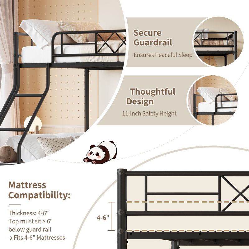 Lit superposé simple au-dessus d'un lit double en métal - Structure robuste avec échelle et garde-corps pleine longueur - Idéal pour les adultes et les adolescents - Lattes robustes, aucun sommier nécessaire - Texture sable noir mat