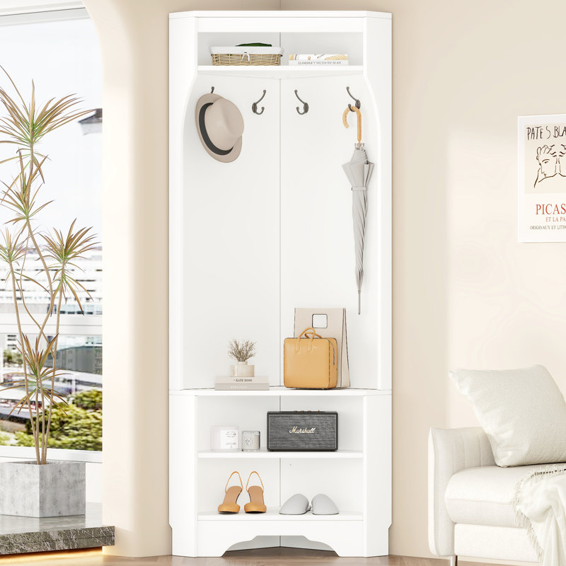 Portemanteau d'angle avec banc à chaussures, portemanteau polyvalent avec 4 crochets, armoire d'angle avec tablette réglable
