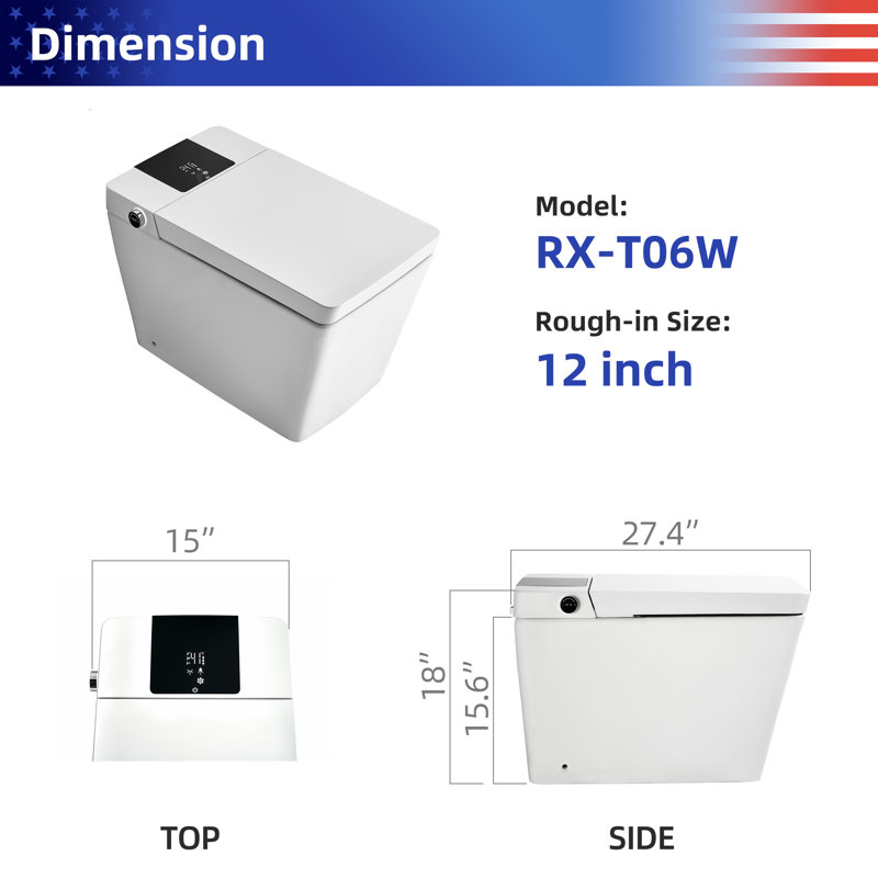 Toilette allongée à fixation au sol 0,8 gallons GPF Rainlex (siège inclus), Blanc