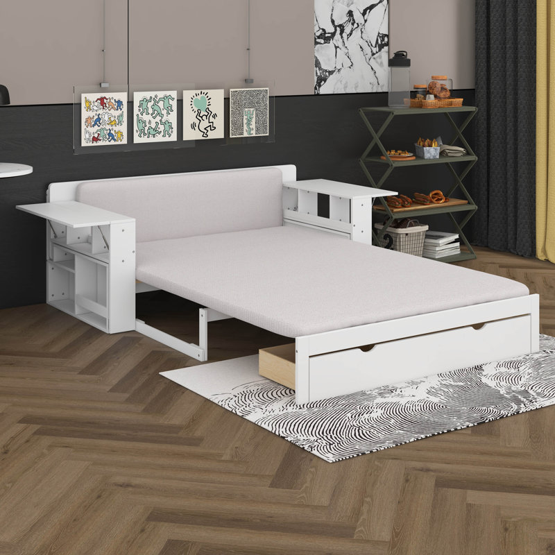 Lit de jour double avec bureau amovible, structure de lit de jour en bois avec tiroirs de rangement et table d'appoint hydraulique pour le salon, la chambre à coucher
