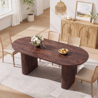 63" Fluted Oval Dining Table Double Pedestal Kitchen Table For 4-6 