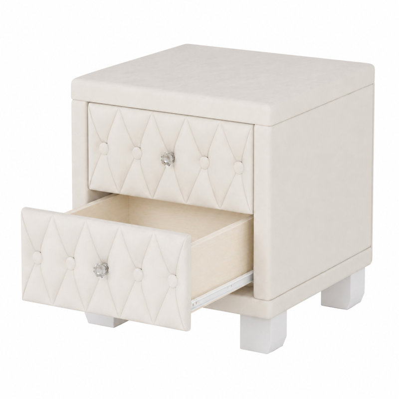 Élégante table de chevet en velours avec 2 tiroirs et poignée en cristal, table de chevet avec capitonnage, Beige