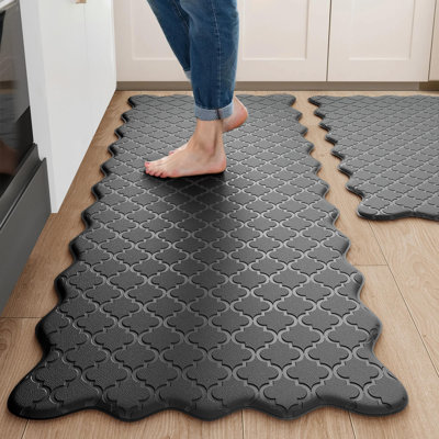 Upgrade Scalloped Embossed Kitchen Mats for Floor 2PCS Cushioned Anti Fatigue Waterproof Foam Kitchen Rugs Non Slip Washable Comfort Standing Mat for Office Sink Laundry, Black