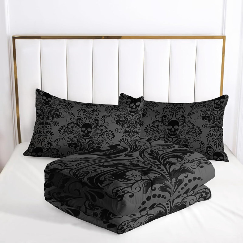 Skull Comforter Set King Size Black,3 Pieces Gothic Skull Damask Bedding Sets for Teens Men Bedroom Decor