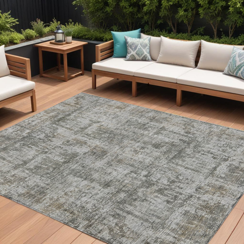 Tapis extérieur lavable abstrait étain et ivoire 9 pi x 12 pi