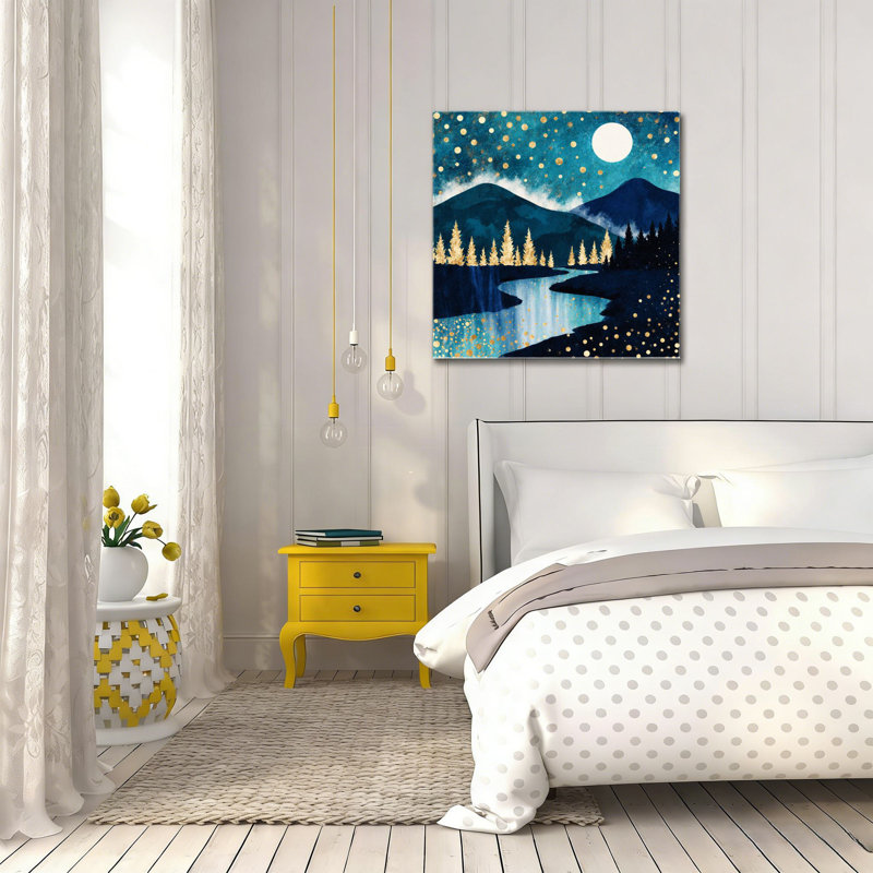 Moonlit River & Pine Trees,Built-In Wooden Frame Wall Art,16 X 16