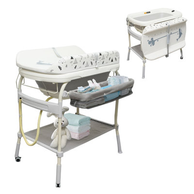 2 In 1 Baby Bathtub With Changing Table, Waterproof,  Adjustable Height Nursery Organizer With Storage Racks For Newborn Infant Toddler