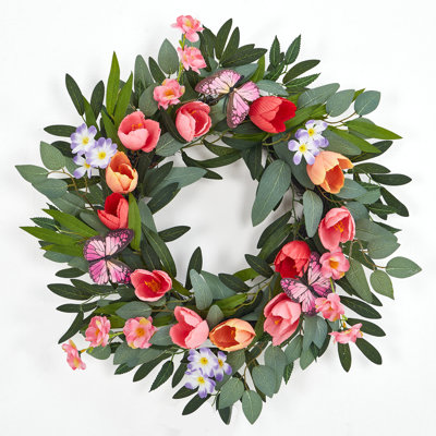 Couronne de printemps 20 pouces pour porte d'entrée, couronne de tulipes artificielles avec papillons, feuilles d'eucalyptus et verdure mélangée, décoration florale de porte pour porche de fenêtre intérieur et extérieur