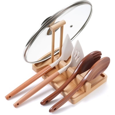 Repose-cuillère en bambou, support pour couvercle de casserole, repose-spatule 2 en 1 et organisateur d'ustensiles de cuisine, support de cuillère de comptoir pour cuillères de cuisine