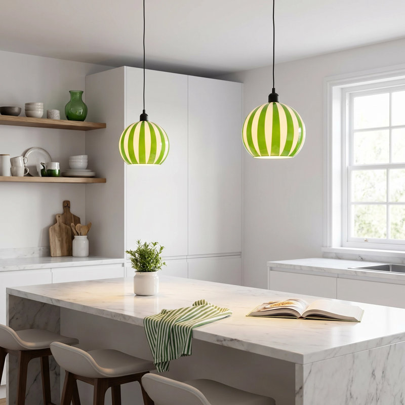 Green And White Striped High Gloss Glass Globe Pendant Light Shade By , Green