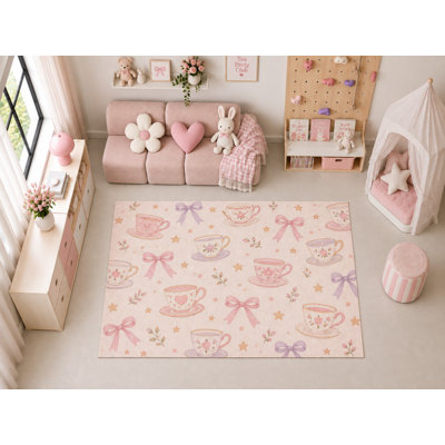 Tapis d'intérieur ultramince 152 x 213 cm (5' x 7') à motifs de tasses à thé, nœuds et fleurs, idéal pour la chambre d'enfant, la crèche, la salle de classe et la salle de jeux. Doux et à poils courts, avec revêtement antidérapant en silicone.