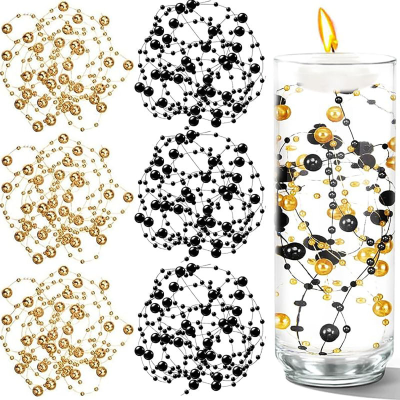 50 Pack Black Gold Faux Pearl String Vase Fillers, Mixed 3mm & 8mm Floating Beads for Wedding Table Craft Decor