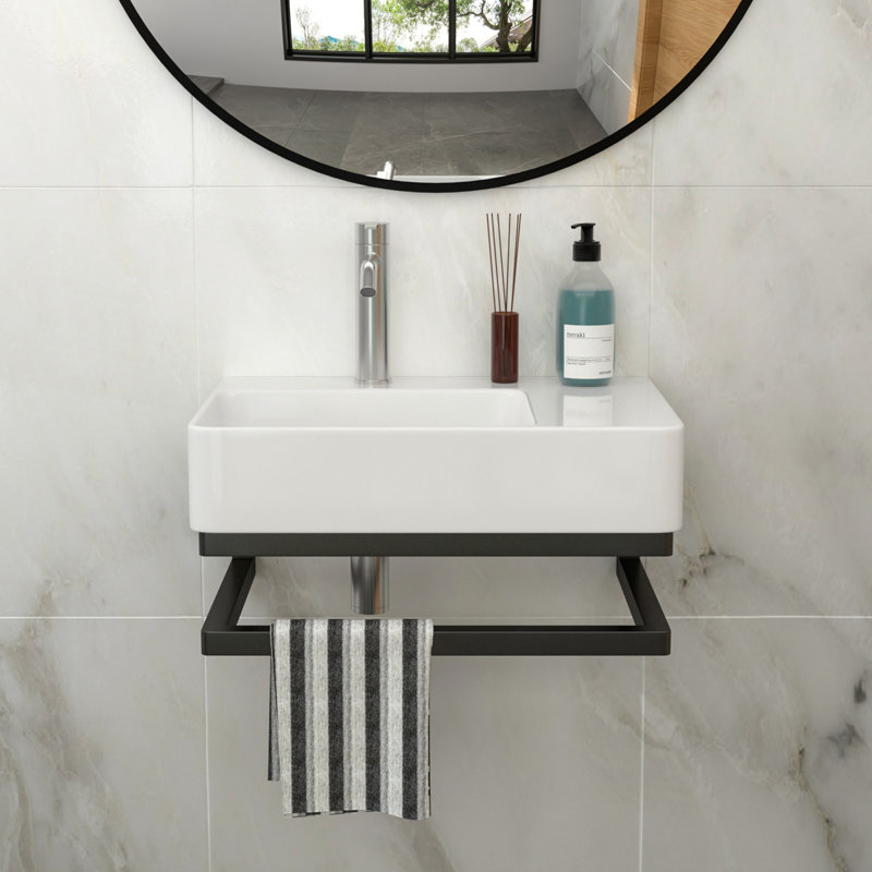 Lavabo de salle de bain mural en céramique rectangulaire avec barre à serviettes noire et trou pour robinet, conception peu encombrante et durable