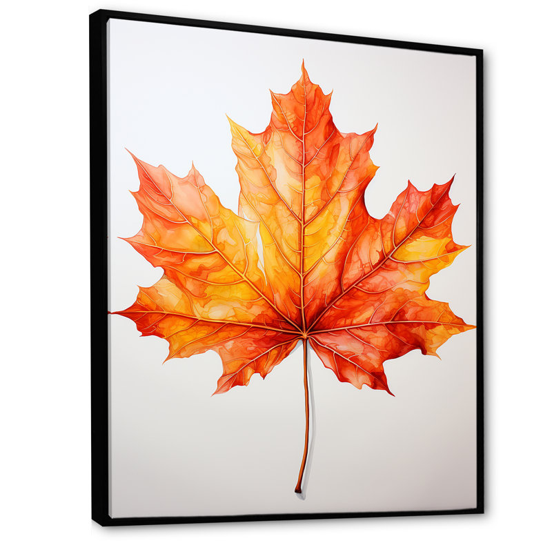 Minimalisme orange feuille d'érable - Art mural érable, H 40 po x l 30 po x P 1,5 po, Cadre flottant noir