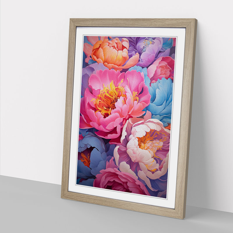 Peony Flower Colour Field - Single Picture Frame Print on Wood, 34cm H x 25cm W x 2cm D, Oak Framed
